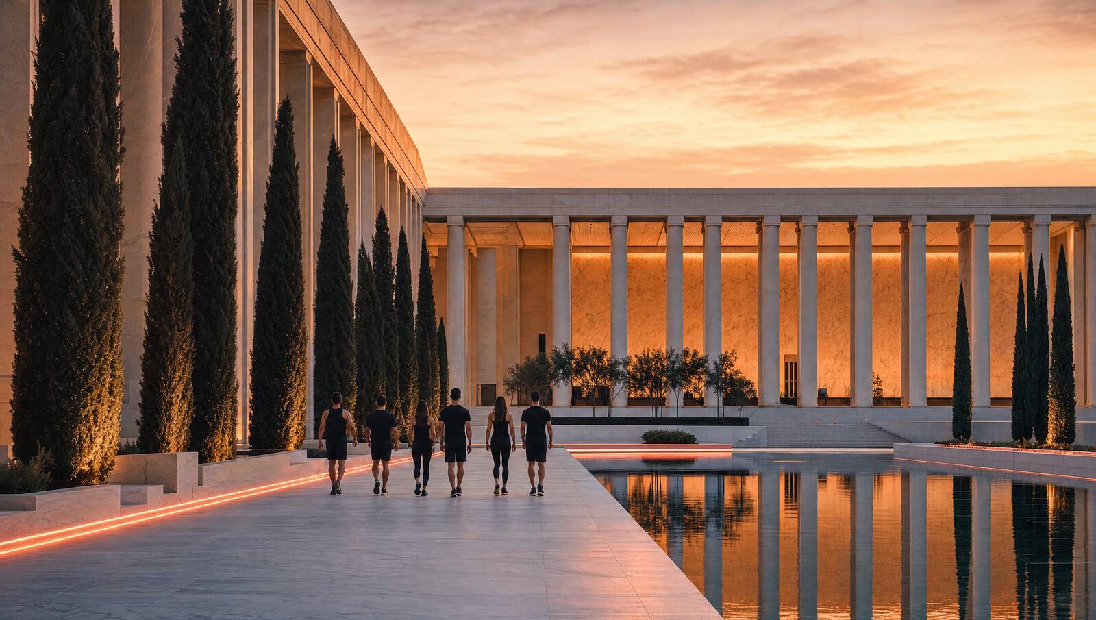 Brand illustration: a small group walking together through a colonnaded courtyard at dusk, warm light between the columns.