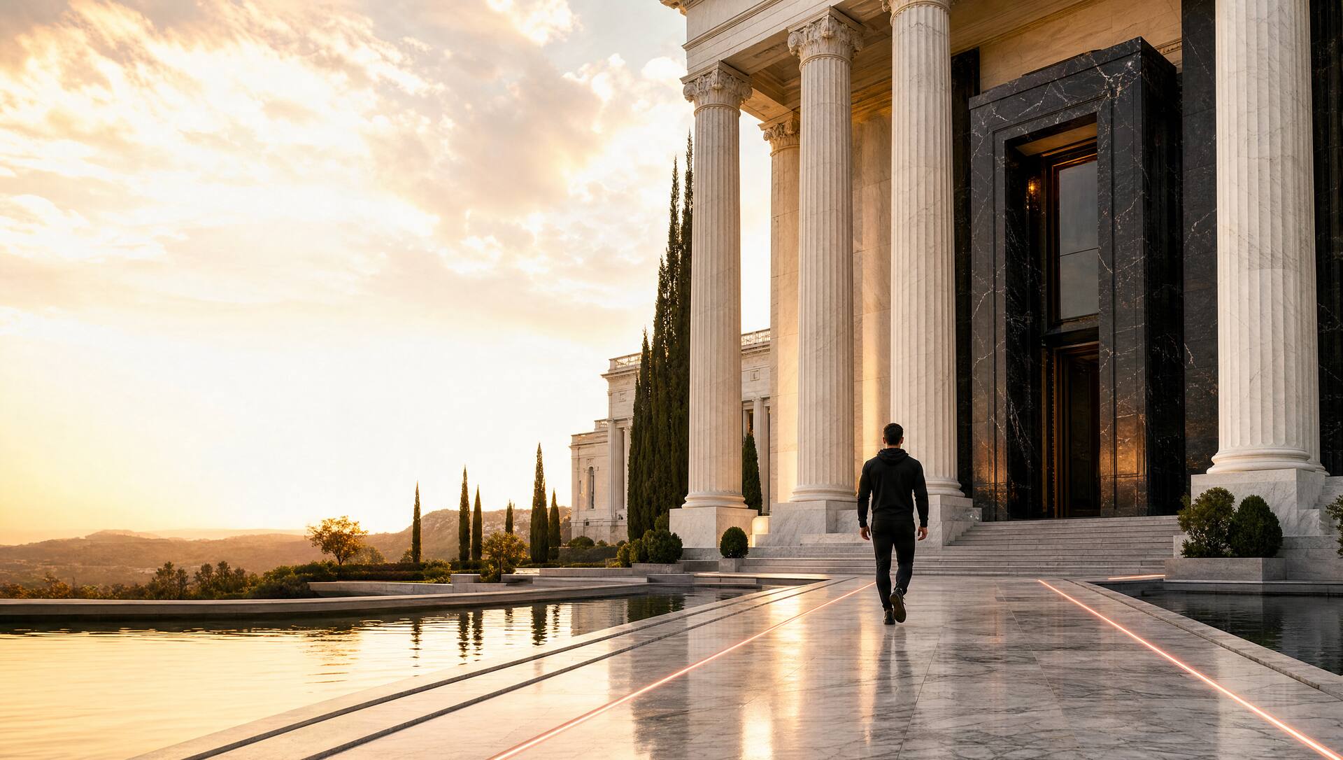 Brand illustration: a person in dark training clothes walks toward the columned entrance of a sunlit marble building at golden hour, beside a still reflecting pool.