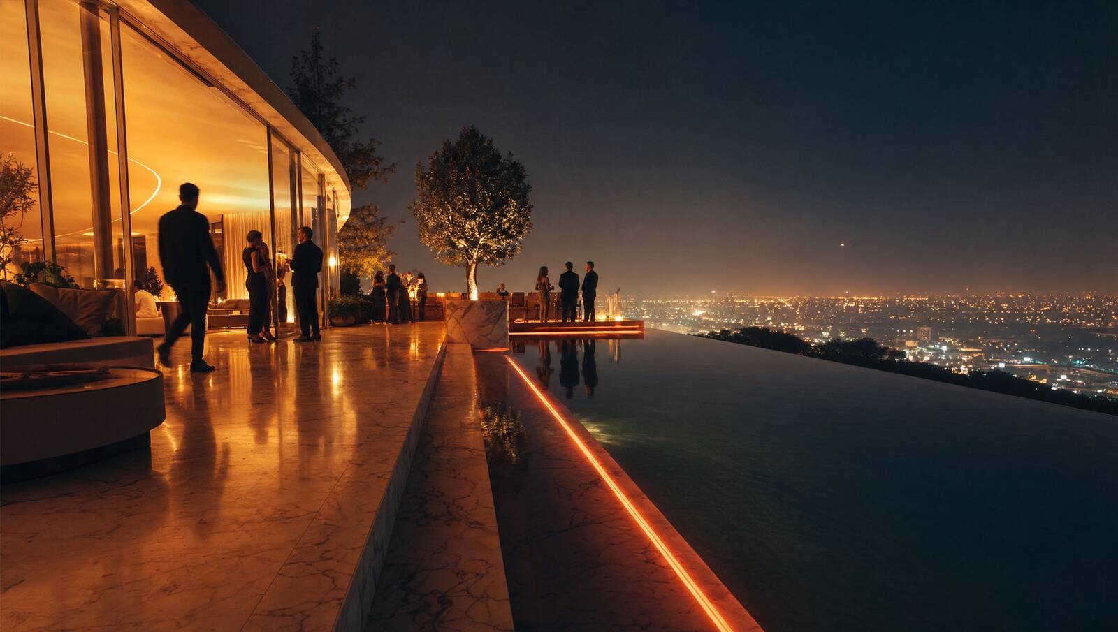 Brand illustration: a night terrace above a glowing city, with a coral light line running the length of the pool.