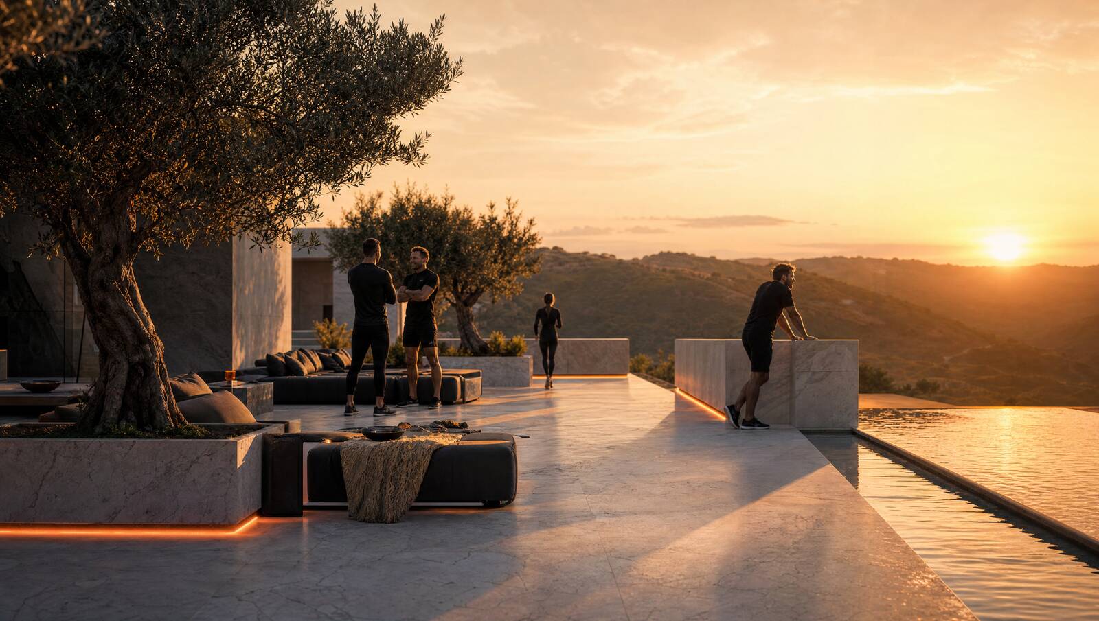 Brand illustration: a group in dark training gear on a sunset rooftop terrace above rolling hills, beside a long infinity pool.